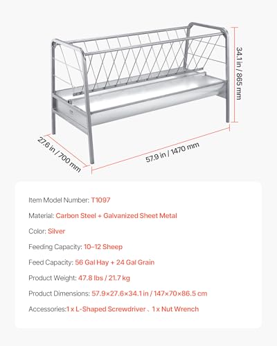 VEVOR Livestock Hay Feeder, 2 in 1 Grain & Hay Feeder, 80-Gallon Capacity, 57.9" Long Goat Pasture Feeding with Deeper Feeding Pan, Heavy Duty Steel Grain Holder for Sheep Sheds, Farms, Horse Barns - size: 57.9 x 27.6 x 34.1 in