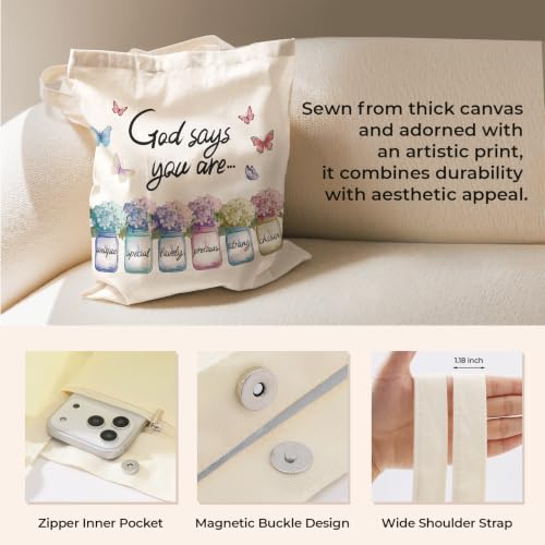 Cute Canvas Tote Bag for Women, Book Totebag with Zipper Pocket - color: Inspirational Floral Language