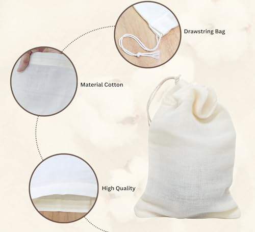 PurpleEssences Ultra-Dense Unbleached Cotton Nut Milk & Filter Bags Reusable Cheesecloth Drawstring Strainers for Cheese Making, Straining, Storage, Sprouting - Set of 4-4X6 Inch - Natural - size: 4 x 6 Inch