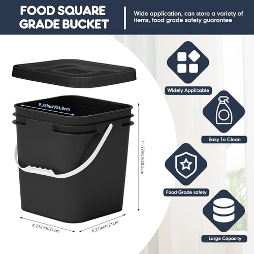Mumufy 5 Pcs 3.5 Gallon Square Food Grade Bucket with Lid Square Bucket Pail Plastic Handles for Long Term Food Storage, Camping, Fishing, Home Organization Easy Stack and Store (Black) - color: Black