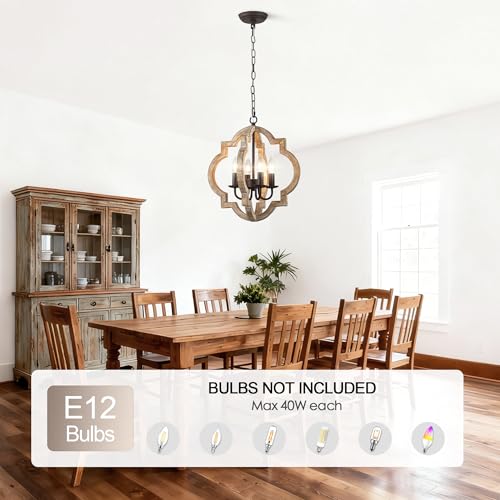 16" Farmhouse Chandelier for Dining Room, Wood Rustic Chandelier | Dining Room Light Fixtures Over Table 4-Lights French Country Hanging Light, Adjustable Height for Entryway Kitchen Island - color: 16" Wood