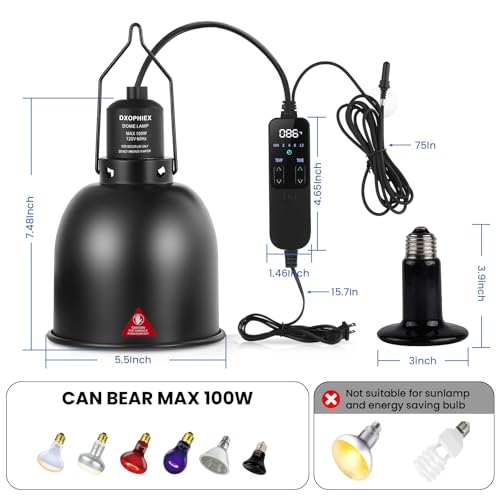 5.5inch Deep Reptile Light Fixture with Thermostat and Timer | Reptile Heat Lamp with 100W Ceramic Heat Emitter, For Turtle, Frog, Gecko, Snake, Lizard, Bearded Dragon