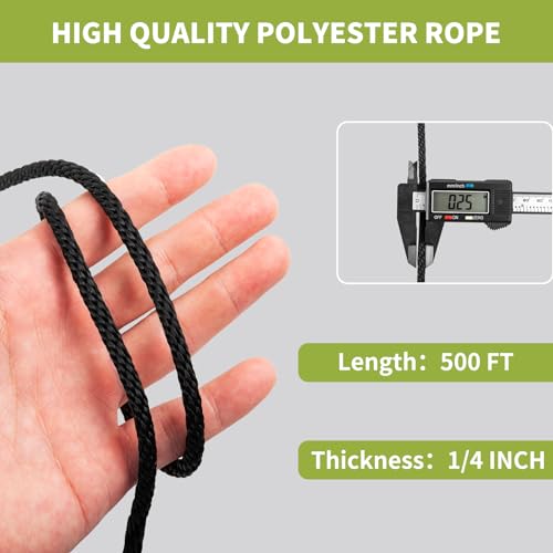 1/4 Inch × 500 FT Black Polyester Solid Braid Rope – UV & Abrasion Resistant, Low Stretch, Multipurpose for Flagpole Halyard, Clothesline, Camping, and Utility Tasks - size: 1/4 In×500 FT