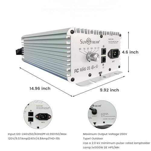 Grow Light System Kits with Controller Port | 1000 Watt DE Double Ended HID ,Open Style Reflector with 220V Digital Dimmable Ballast - Bulb Not Included