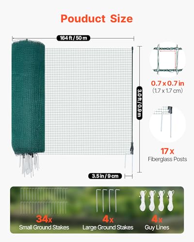 VEVOR Temporary Fence with Posts, 3 x 164 FT Plastic Mesh Fencing, Garden Safety Fences Netting with Double-Spike Stakes & Guy Ropes, Temporary Fence for Dogs, Chickens, Plants, Outdoor Yards - size: 36in*164ft