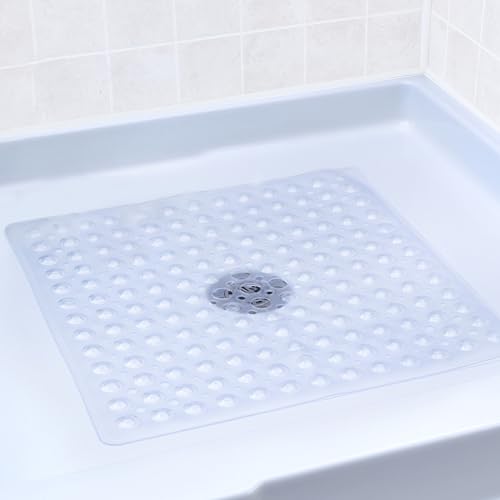 SlipX Solutions 21" Square Non Slip Shower Stall & Bathtub Mat, Clear | Anti Slip Essential Shower Mat For Bathers Of All Ages, 25% Stronger Suction Cups, Soft Underfoot, Machine Washable - color: Clear