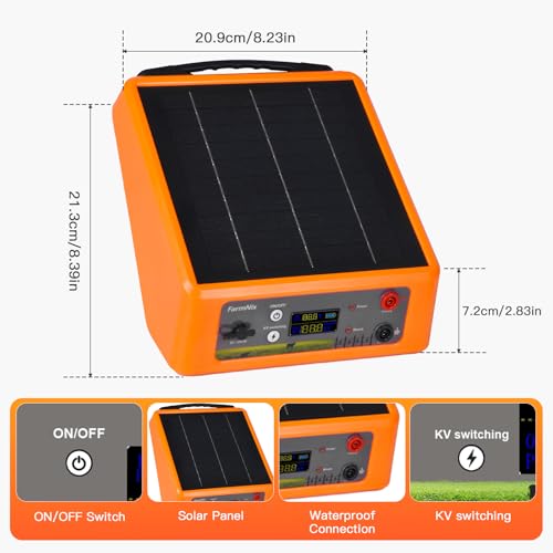 20 Miles Solar Electric Fence Charger, 0.3-2.0J Adjustable Output | Farms & Ranches, 6W Solar Panel, 18Ah Lithium Battery, 6-12KV 0.3-2.0J Adjustable Output, Day & Night Mode, IP55 Waterproof - color: Orange