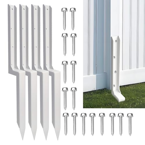 Fence Post Repair Stakes Kit, White, 4-Pack | 1/8" Thickened Carbon Steel, One-Piece Structure, Heavy Duty Ground Anchor, For Broken/Leaning Privacy Fence & Mailbox Post - color: White/4 Pack