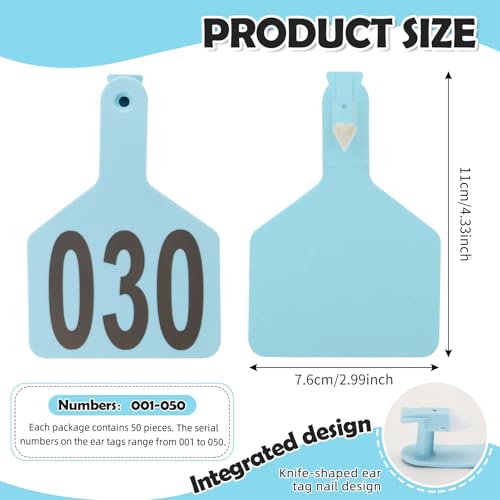 One-Piece Cattle Ear Tags 001-050 Number TPU Large Size Animal Identification Tags Cattle Livestock Ear Tags for Cows Hogs Sheep Tagging Farm Animal Supply (001-050, Blue) - color: Blue