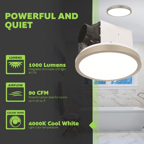 Homewerks 90 CFM Bathroom Exhaust Fan with LED, Brushed Nickel Trim | 1.5 Sones, for Rooms Up to 90 sq ft, Magnetic Trim, Galvanized Steel, EasyAnchor Install, Bathroom Vent Fan with Light - color: 90 CFM Brushed Nickel Round