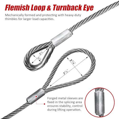 Single Leg Wire Rope Sling, 1/2" x 12' Log Choker Cable Rigging | 10.3T Capacity, EIPS 7x19 IWRC, Flemish Loop & Turnback Eye w/Thimbles, 2 Forged Metal Sleeves, Sliding Choker Hook Design - size: 1/2"x12'(10.3Ton)