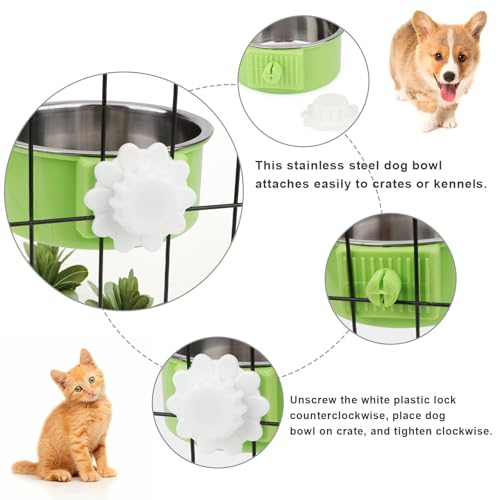 Dog Crate Water Bowl No Spill Removable Hanging Bowls, Blue | Stainless steel + plastic 2-in-1, twist-lock easy install, detachable easy clean, for small dogs/cats/rabbits/guinea pigs - color: Blue+Green