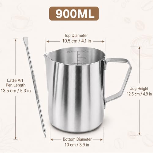 Milk Frothing Pitcher 36oz Thickened 304 Stainless Steel Espresso Accessory | Thickened anti-deformation body, coffee milk batch steaming for commercial cafes barista latte service - size: 36oz