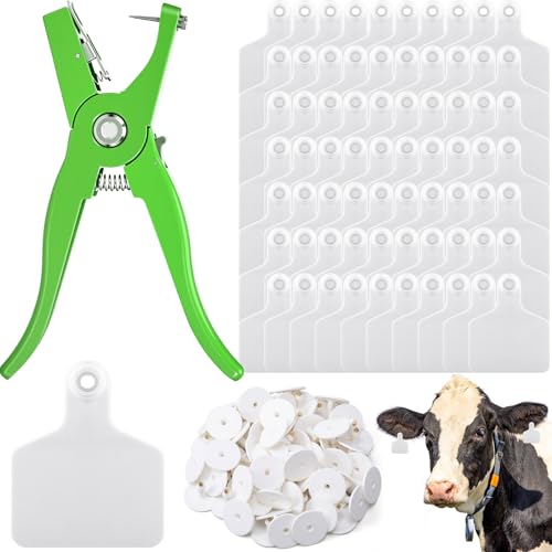 Lothee 100 Pcs Blank Cattle Ear Tags with Pliers Large White Plastic Precision Animal Identification Blank Livestock Ear Tags for Cattle Cow Horse Dog Pig Goat Sheep Farm Management - color: White