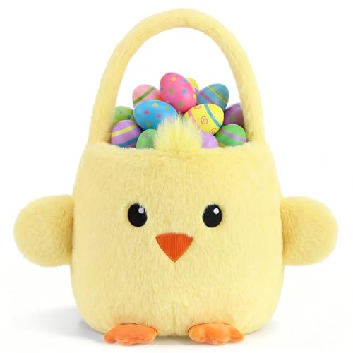 Leinuosen Easter Basket Stuffed Animals Chick Yellow Easter Egg Hunting Baskets Cute Festivals Gift Bags Buckets for Tote Bags for Decorations Candy Gifts Storage - style: Chick