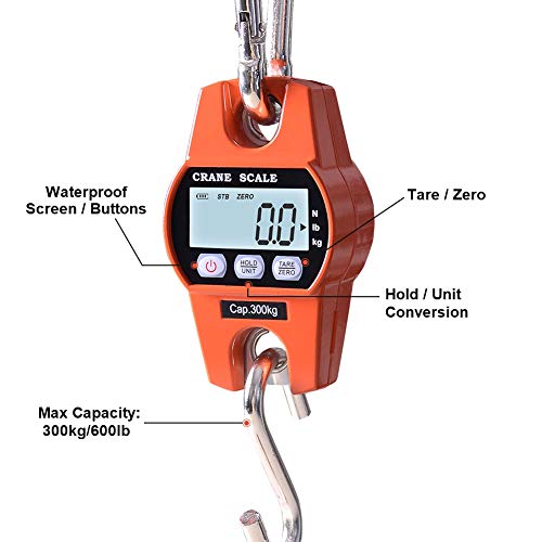 Fuzion Hanging Scale 660LB - Heavy Duty Crane Scale with Aluminum Body | Stainless Steel Hook, Hold/Tare Function, Large Display, Digital Hanging Scales for Weighing Animals, Hays, Fish, Luggage - color: Orange, size: 660LB