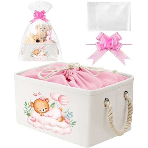 Pickmesh Baby Shower Storage Basket with Gift Bags Rectangular Ribbons Collapsible Canvas Storage Bin with Handles for Diaper Organizing Toy Home DIY Gift Basket, 13 x 9. 1 x 7. 1 Inch(Pink Bear) - style: Pink Bear