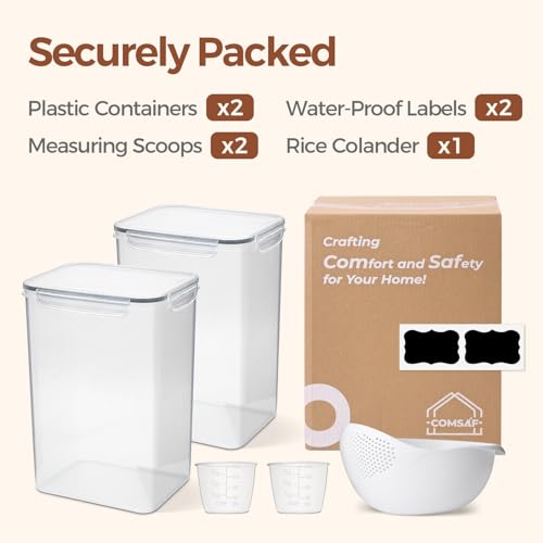 ComSaf Airtight Rice Storage Container with Lid 10Qt 2Pack, Large Capacity | 9.5L Plastic Food Canister, Rice Sugar Flour Cereal Oats Pasta, Pantry Kitchen Cabinet, Label, Scoop, Rice Washer, BPA-free - size: 10Qt-Rectangle