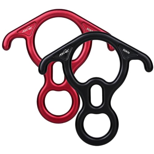 50KN Rescue Figure, 8 Descender Large Bent-Ear Belaying and Rappelling Gear Belay Device Climbing for Rock Climbing Peak Rescue 7075 Aluminum Alloy - color: Black + Red