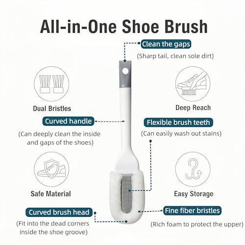 Professional Shoe Cleaning Brush Long Handle - Dual-Action Soft Bristle Shoe Scrubber for Sneakers, Leather, White Shoes | U-Shaped Head & Pointed Tip | Hanging Hole Design (White)