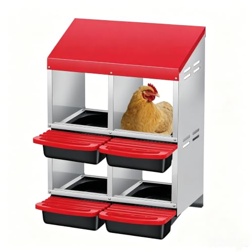 Galvanized Steel 2-Tier 4 Compartment Chicken Nesting Box with Pull Out Tray, Roll Away Nest Boxes for Laying Hens Egg Collection, Wall Mount Poultry Nest Box for Coop with Handle, Red - color: Red, size: 2 Tire 4 Compartments