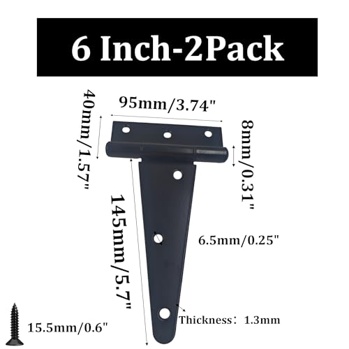 2PCS 6" Heavy Duty T-Strap Hinges, Black Rustic Iron Hinge, Rustproof Gate Tee Hinges for Outdoor Sheds, Barn Doors & Wood Fences-Thickness 2.2mm - size: 6 Inch