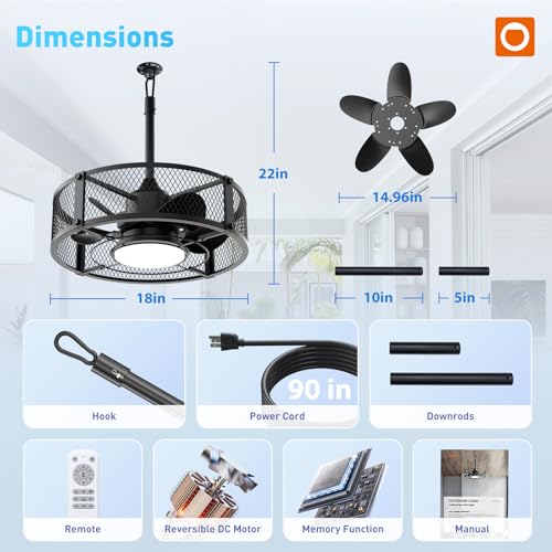 addlon 20" Outdoor Ceiling Fan with Light for Patio, IP65 Plug in Caged Fan | Waterproof, Hanging Hook, Reversible DC Motor, 6 Speeds, Remote Control, Quiet Operation, Timer, for Gazebo, Patio, Porch - color: Black Mesh Cage