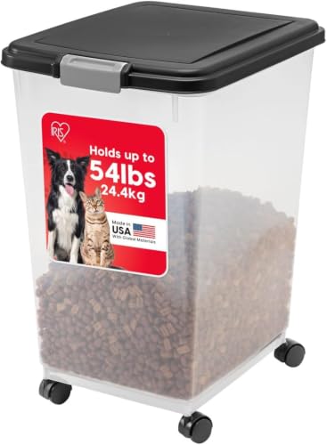 IRIS USA Dog Food Storage Container, Up to 54 lbs, Black, Made in USA | Wheels for Mobility, Airtight Seal, BPA-Free, Best for Bird Seed, Cat food, Cat Litter, Chicken Feed, Pellets, Flour, Rice - color: Black, size: 54 lbs