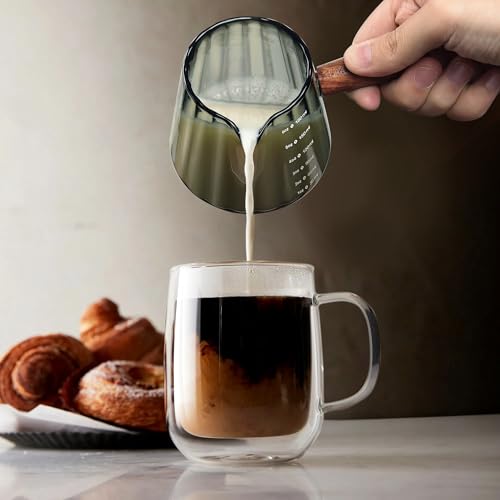 Joeyan 6 oz Grey Glass Measuring Cups with Spout,Borosilicate Glass Triple Pitcher with Scale,Origami Style Espresso Shot Glasses with Wood Handle for Coffee Milk,Dishwasher Safe - color: 6 Oz Grey Single Spout Clear Measuring Cup