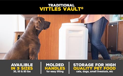 Vittles Vault Airtight Pet Food Storage Container + Scoop, Fits Up to 50lbs | Stores Dog Kibbles, Bird Seed, Oatmeal, Rice, Flour and Cereal in BPA Free Plastic, Sealed Airtight, Made in USA, with Scoop - size: 14.0"L x 14.0"W x 20.2"H