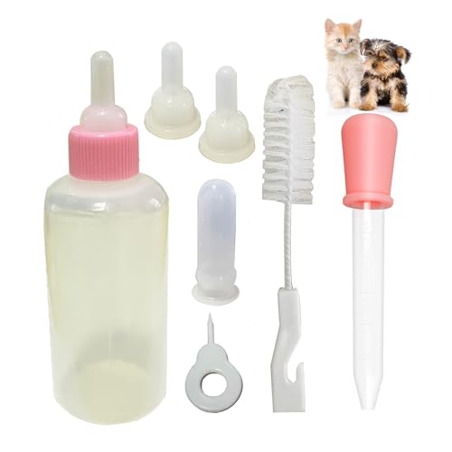 Pet Nursing Bottle Kits and 5ml Liquid Dropper, Pet Feeding Tool, Replacement Silicone Nipple Cat Feeding Bottle for Newborn Kittens, Small Animals - color: Pink