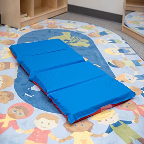 Children's Factory Angels 2" Thick Toddler Nap Mat, Red-Blue, 4 Section Waterproof Sleeping Mat for use in Preschools and Daycares | Comfortable 4-Section Sleep Mat, Foam-Filled Kids Mat, Water-Resistant Folding Nap Mats for Daycare and Preschool