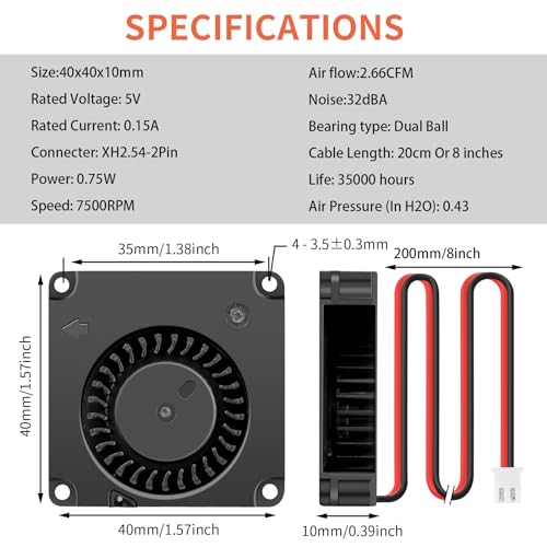 2Packs Wathai DC 4010 5V Small Blower Cooling Fan 2 Pin DC 40mm x 10mm | Dual Ball dc Blower for DIY Cooling - size: 40x10mm (5V Ball)