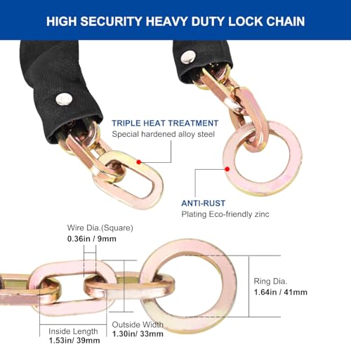 Heavy Duty Security Chain, 2.4FT x 3/8" Thick | Hardened Steel, Cut Proof, Anti-Theft Lock Chain, For Motorcycles, Bikes, ATVs, Trailers, Containers - size: 2ft chain without lock