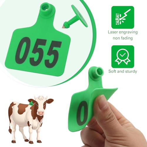 Cattle Ear Tags 001-100, 100Pcs Plastic Livestock Ear Tag for Cows Goats Sheep Pigs with Pliers Applicator & 2 Pins, Animal ID Tags for Ranch Farm Herd Tracking, Laser Print (001-100, Green) - color: Green