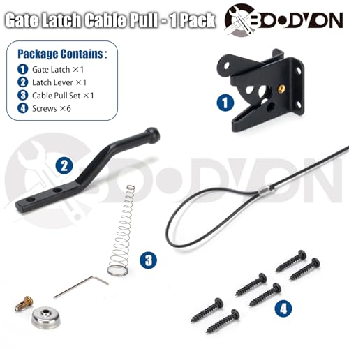Self Locking Gate Latch with Spring Cable Pull for Wooden Fence Heavy Duty, Gravity Lever Fence Gate Latches for Outdoor Secure Pool Garden Shed, Black Finish, 1 Pack