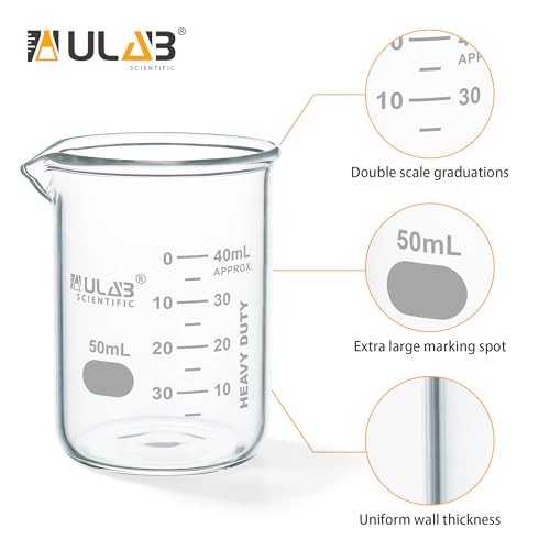 ULAB Scientific Glass Beakers Shot Glass, Vol. 50ml, 3.3 Borosilicate Griffin Low Form with Printed Graduation, Pack of 12, UBG1013 - style: Vol.50ml,Pack of 12