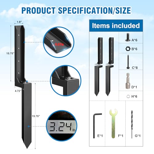 2 Pcs Fence Post Repair Kit, Heavy Duty Fence Post Anchor Ground Stakes for Repair Tilted, Broken Wood Support