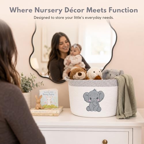 Elephant Baby Storage Basket, Woven Cotton Rope Nursery Bin, 15x11 in | Stuffed Animal and Blanket Storage, Soft Felt Elephant Patch, Neutral Baby Room Decor, Baby Shower, Kids Playroom Organizer - color: Neutral Elephant