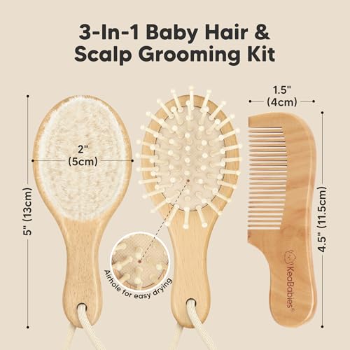 Wooden Baby Hair Brush Set for Newborns, Toddler Comb (Walnut, Petite) | Soft Goat Bristle, Baby Brush and Comb Set, Infant Grooming Kit, Cradle Cap Care, Durable & Gentle, Boy, Girl Bath Essential - color: Walnut, size: Oval, Petite 5"
