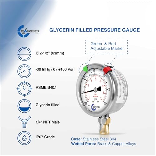 Compound Pressure Gauge -30 inHg to 100 PSI, Liquid Filled, 2.5" Dial, 1/4 NPT Lower Mount, 304 Stainless Steel Case, Brass Wetted Parts, PSI/inHg - ASME B40.1 Grade A - size: -30inHg / 0 / +100Psi, style: NIST TRACEABLE