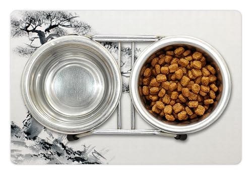 Lunarable Asian Pet Mat for Food and Water, Lone Pine on Mountain Slope Art Traditional Chinese Painting Style Oriental Culture, Rectangle Non-Slip Rubber Mat for Dogs and Cats, Grey White - color: Grey White