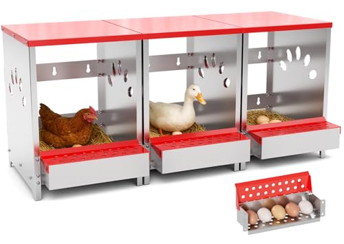 Chicken Nesting Boxes 3 Hole, Large Metal Hen Laying Box with Swing Perch | Roll Away Egg Collection, Wall Mountable with Vented Holds for Chickens Ducks Birds - size: 12.2"L x 9.9"W x 15.4"H