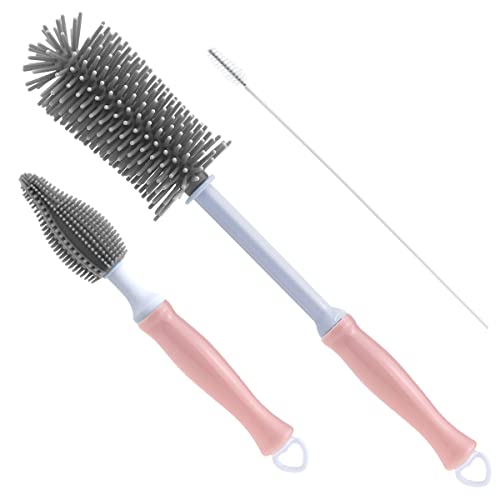 Silicone Cleaning Brush, 12" Long Handle Water Bottle Cleaner | Soft Silicone Bristles | For Water Bottles, Baby Bottles, Sports Bottles, Vases and Glassware - color: Pink