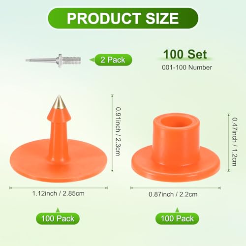 M METERXITY 100-Pack Cattle Ear Tags 001-100 Number, Plastic Round Livestock Tags with 2 Ear Label Needles for Cows/Sheep/Cattle/Pig, Farm Animal Identification Markers [Orange] - color: Orange