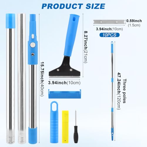 Heavy Duty Floor Scraper, 4" Wide Razor Blade Scraper Tool with 48" Long Handle, 10PCS Extra Metal Blades for Cleaning Wall Glass Floor Paint Gum Stains Stickers Linoleum Stove Top