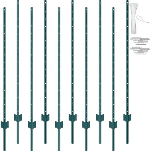 VEVOR 5 Feet Fence Post, 10 Pack U-Channel Heavy Duty Metal Fence Posts with 30 Zip Ties & 20 Clips, Sturdy Steel Fence Stakes for Garden Yard, Lawn, Farms and Outdoor Wire Fencing, Green - size: 5 Feet 10 Pack