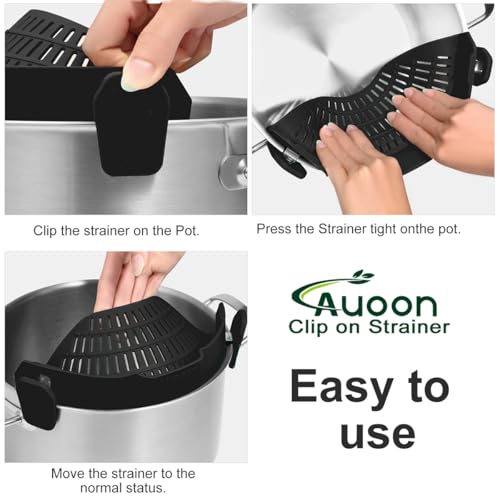 AUOON Pot Strainer Clip on Silicone, Large 10.45 x 4.33 in, Black | Fits Pots Pans Bowls, Dishwasher Safe, for Pasta Noodles Vegetable Fruits, Space-saving Kitchen Gadget - color: Black, size: Large 10.45 x 4.33 in