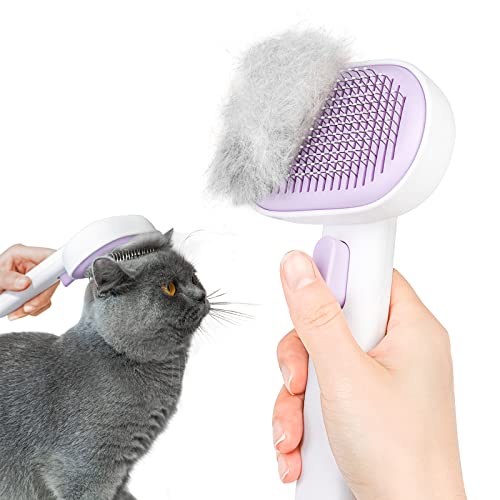 aumuca Cat and Dog Grooming Brush for Shedding, Removes Loose Fur from Long or Short Haired Pets - Ideal for Cats, Kittens, Rabbits, and More - Purple | Self Cleaning Pet Brush for Long or Semi-Short Haired Cats, Removing Loose Fur & Tangles and Massage -