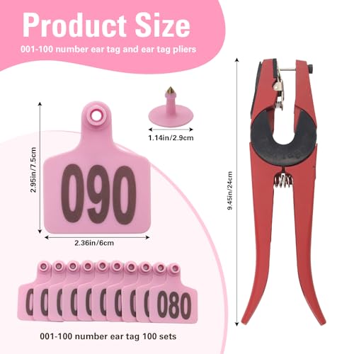 Cattle Ear Tags 001-100, 100Pcs Plastic Livestock Ear Tag for Cows Goats Sheep Pigs with Pliers Applicator & 2 Pins, Animal ID Tags for Ranch Farm Herd Tracking, Laser Print (001-100, Pink) - color: Pink